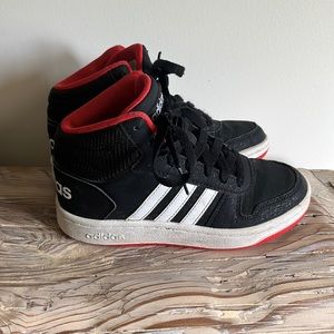 Boys youth Black adidas high top sneakers, size 1. Red sole & lining. Excellent